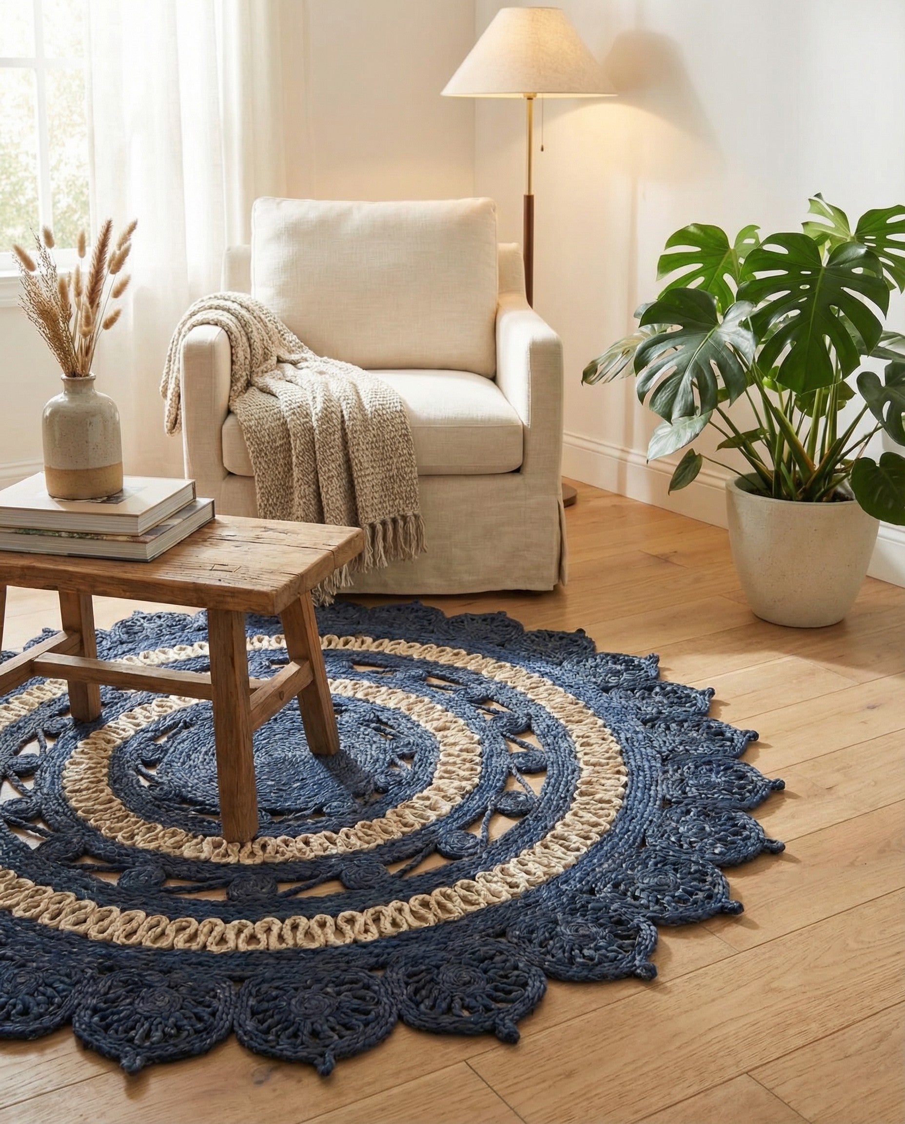 A 4' 1" round blue and white jute rug with a modern floral design, featuring intricate braided patterns.