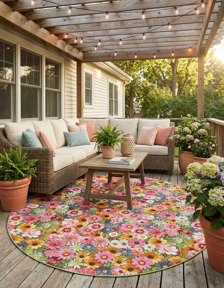 Detail image of 8' x 8'  Washable Botanical Indoor / Outdoor Round Rug