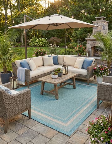 Aquamarine Easy-Clean Border Indoor / Outdoor Square Rug