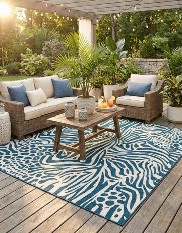 Navy Blue and Ivory Easy-Clean Safari Indoor / Outdoor Square Rug
