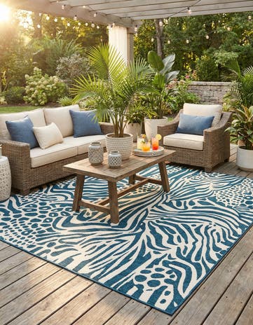 Navy Blue and Ivory Easy-Clean Safari Indoor / Outdoor Square Rug
