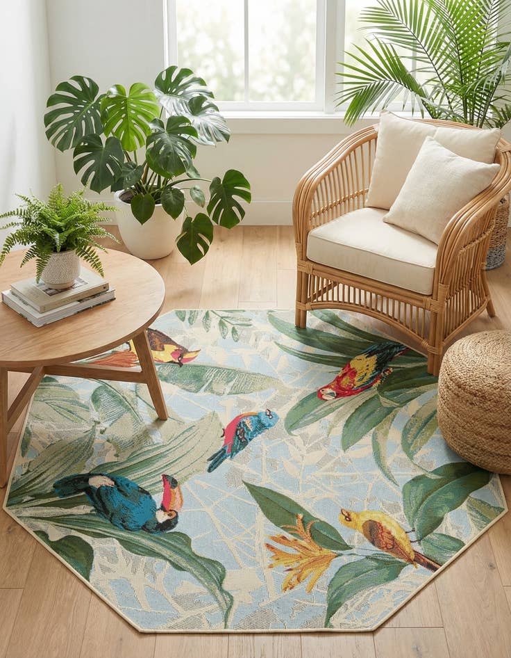 Detail image of  5' 3 x 5' 3  Washable Botanical Indoor / Outdoor Octagon Rug