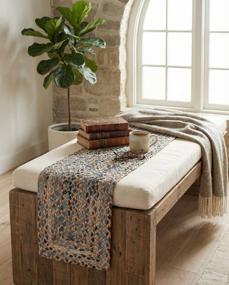 Detail image of 1' 2 x 6' 1 Handmade Braided Chindi Table Runner Rug
