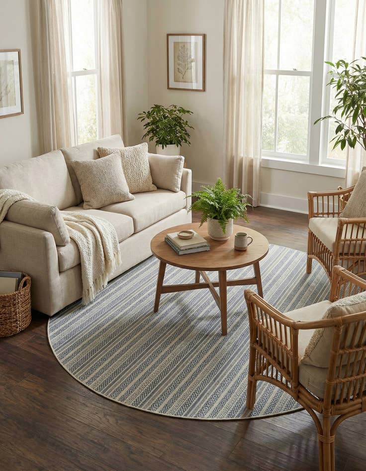 Detail image of 7' 10 x 7' 10  Washable Striped Indoor / Outdoor Round Rug