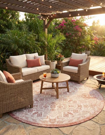 Rust Red Easy-Clean Aztec Indoor / Outdoor Round Rug