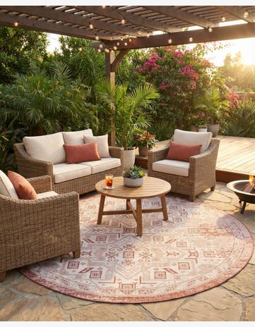 Rust Red Easy-Clean Aztec Indoor / Outdoor Round Rug