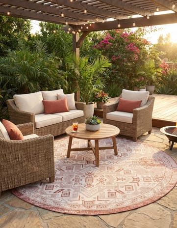 Rust Red Easy-Clean Aztec Indoor / Outdoor Round Rug