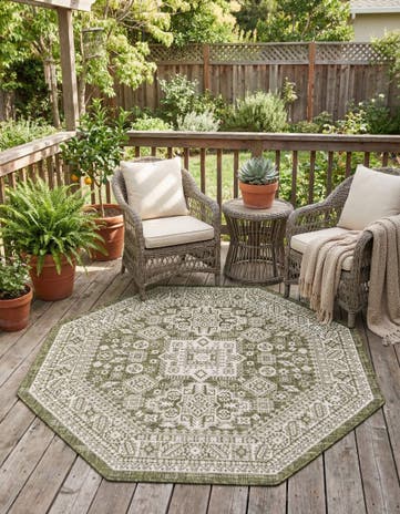 Green Easy-Clean Aztec Indoor / Outdoor Octagon Rug
