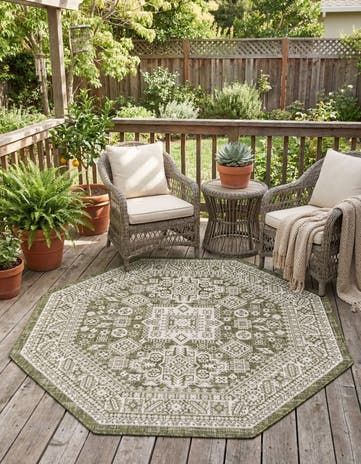 Green Easy-Clean Aztec Indoor / Outdoor Octagon Rug