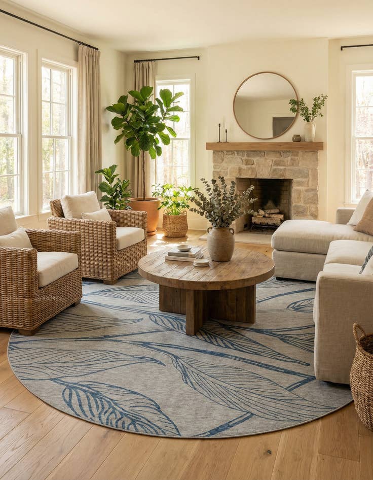 Detail image of 13' x 13'  Washable Botanical Indoor / Outdoor Round Rug