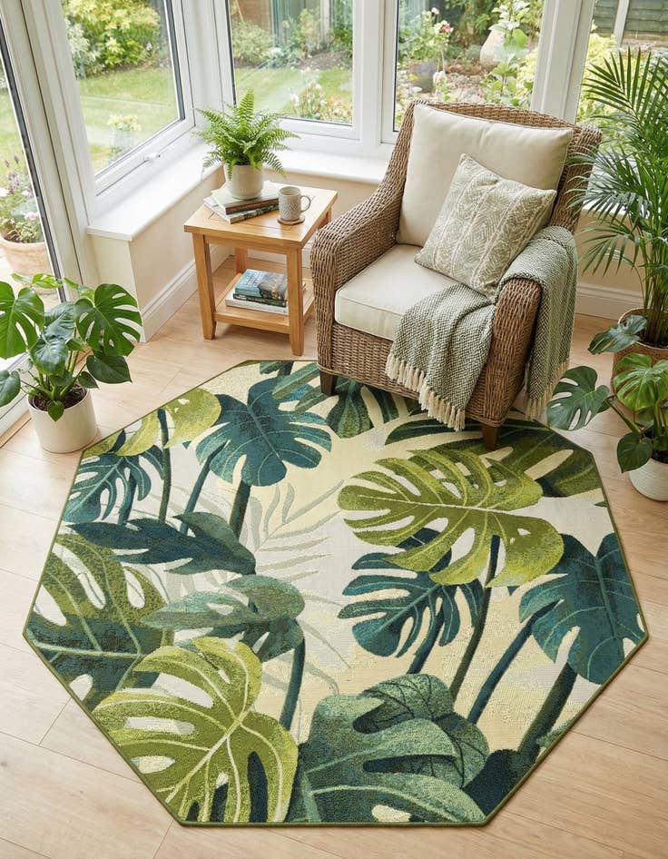 Detail image of 5' 3 x 5' 3 Easy-Clean Botanical Indoor / Outdoor Octagon Rug