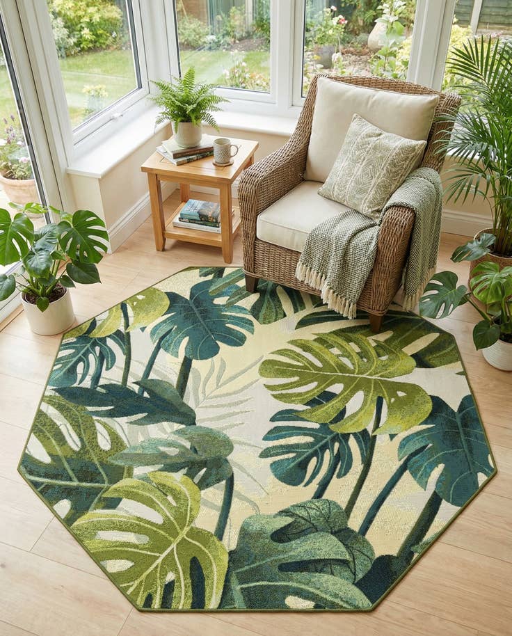 Detail image of 5' 3 x 5' 3 Easy-Clean Botanical Indoor / Outdoor Octagon Rug
