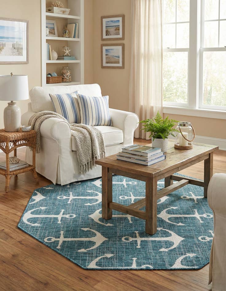 Detail image of 5' 3 x 5' 3  Washable Coastal Indoor / Outdoor Octagon Rug