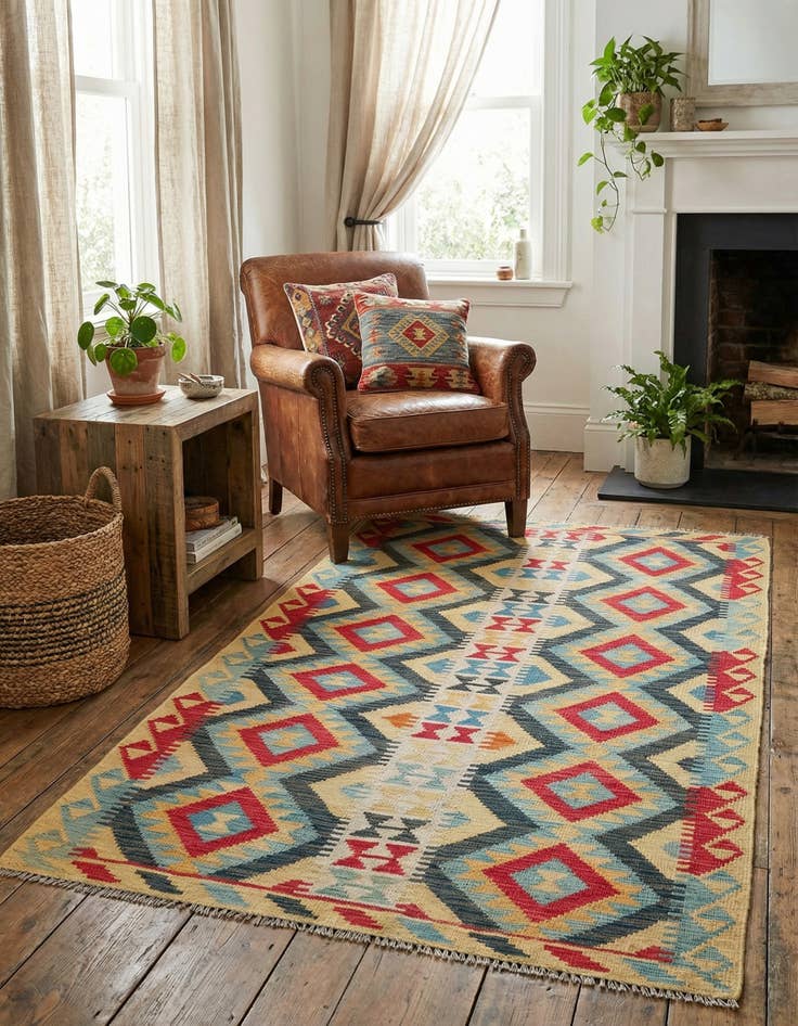 Detail image of 3' 7 x 6' 7  Hand Woven Kilim Maymana Wool Rug