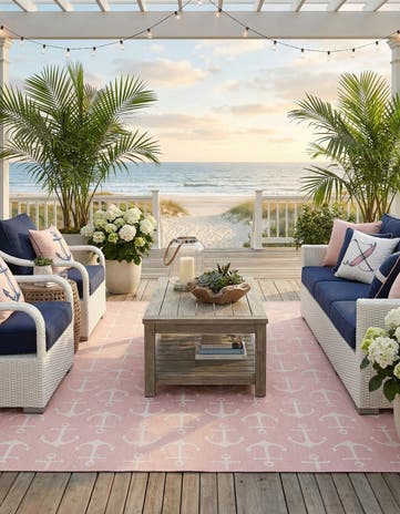 Pink Easy-Clean Coastal Indoor / Outdoor Square Rug