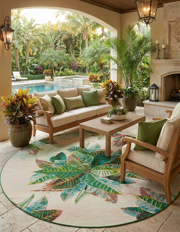 Detail image of 12' x 12'  Washable Botanical Indoor / Outdoor Round Rug