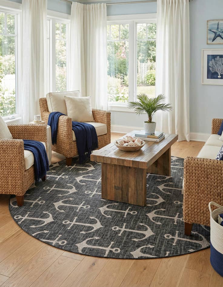 Detail image of 10' x 10'  Washable Coastal Indoor / Outdoor Round Rug