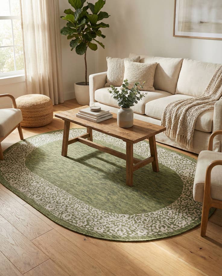 Detail image of 5' 3 x 8' Easy-Clean Border Indoor / Outdoor Oval Rug