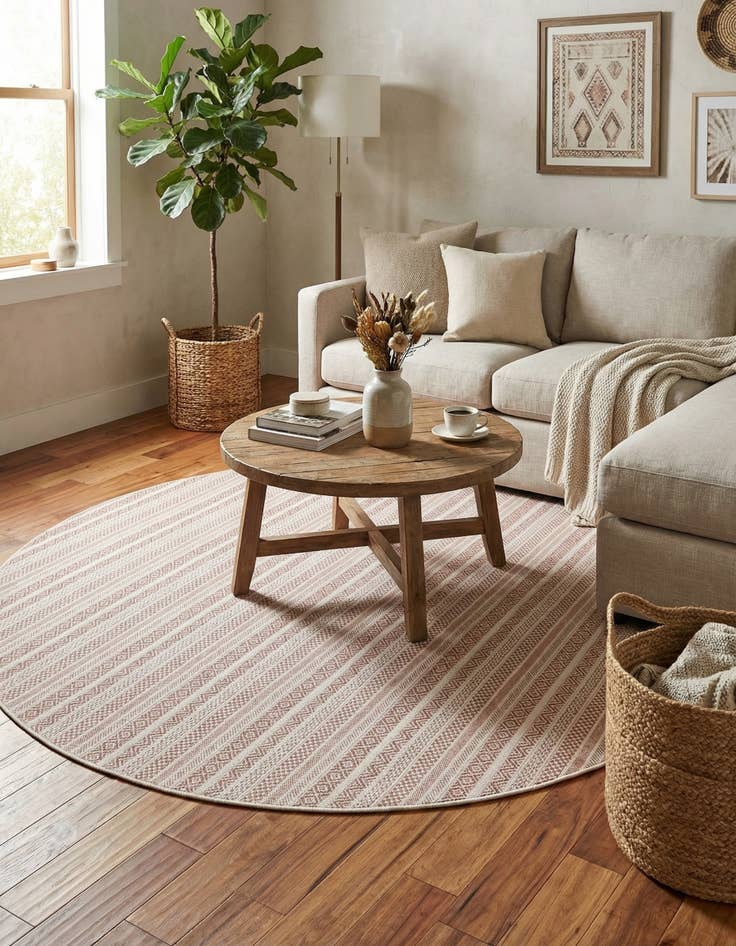 Detail image of 7' 10 x 7' 10 Easy-Clean Striped Indoor / Outdoor Round Rug
