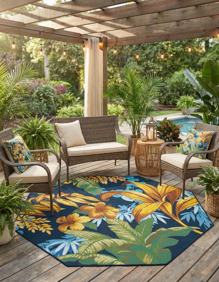 Detail image of 5' 3 x 5' 3  Washable Botanical Indoor / Outdoor Octagon Rug