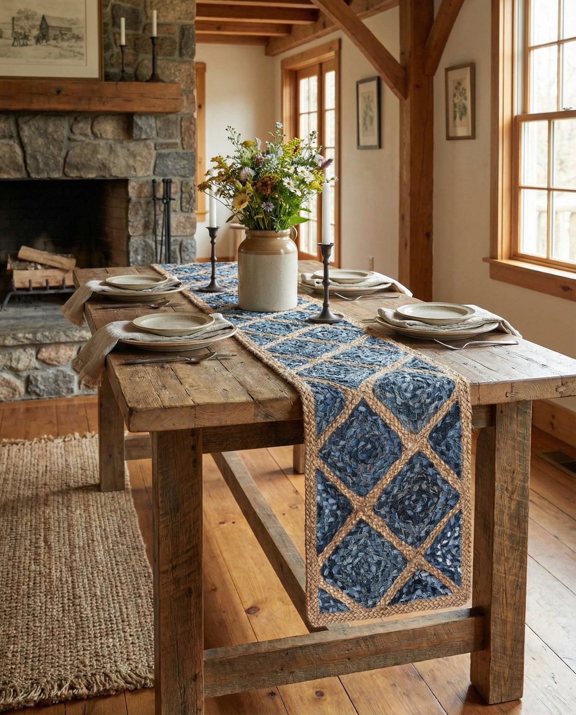 A 1' 2 x 6' 1 blue and natural jute runner rug with a diamond pattern, ideal for hallways or kitchens.