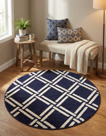 Navy Blue Trellis Round Rug