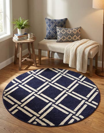 Navy Blue Trellis Round Rug