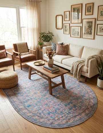 Antique Blue Washable Nostalgia Oval Rug