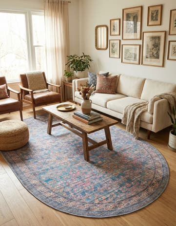 Antique Blue Washable Nostalgia Oval Rug