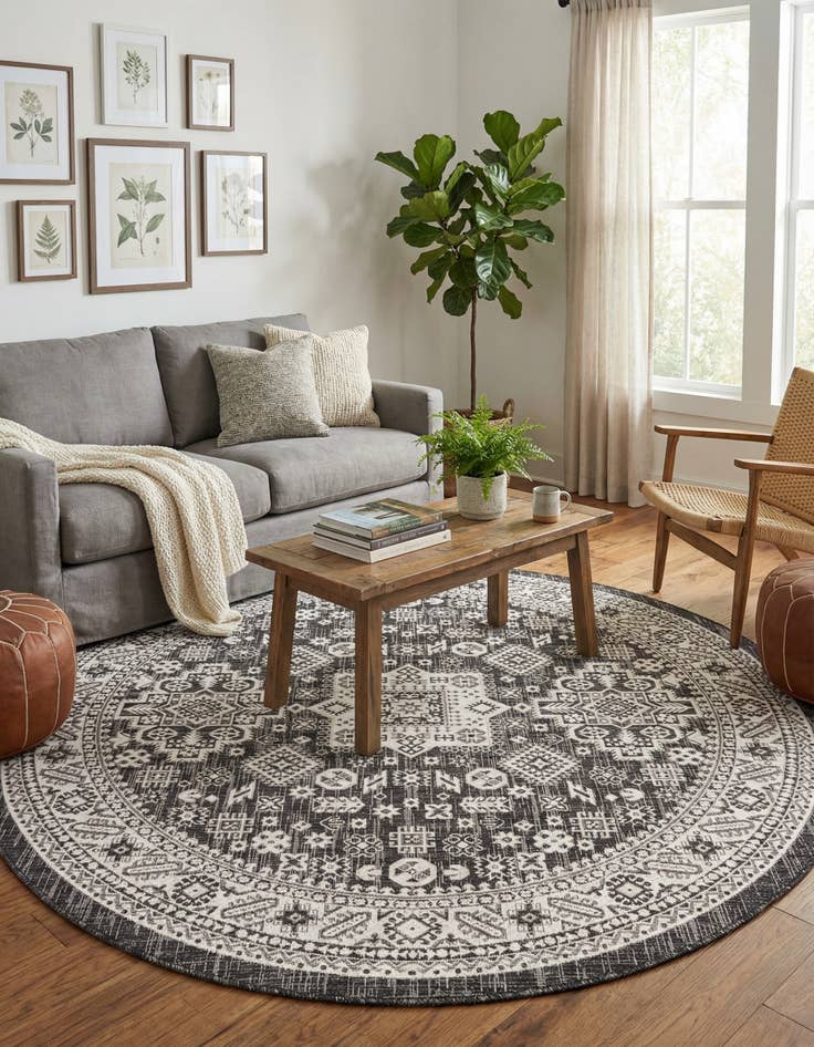 Detail image of 7' 10 x 7' 10  Washable Aztec Indoor / Outdoor Round Rug