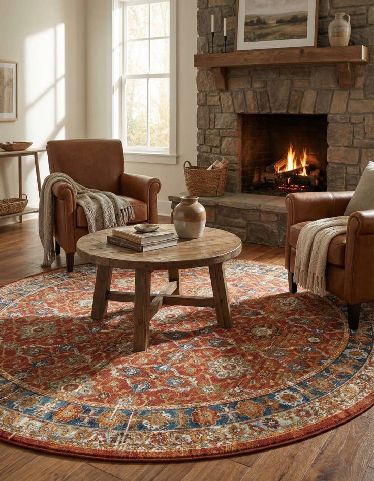 Detail image of 7' 10 x 7' 10  Washable Traditional Indoor / Outdoor Round Rug