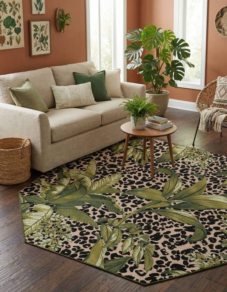 Detail image of 7' x 7'  Washable Botanical Indoor / Outdoor Octagon Rug