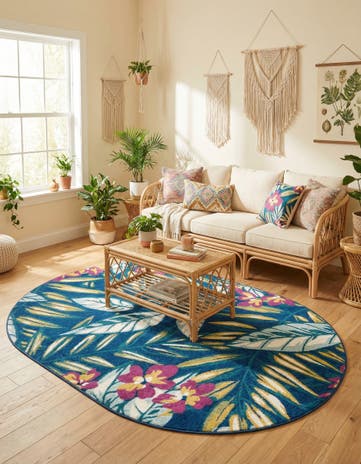 Navy Blue Bloom Oval Rug