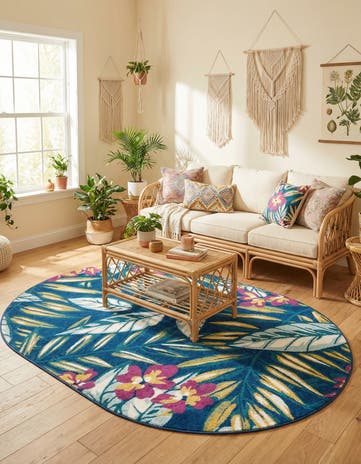 Navy Blue Bloom Oval Rug