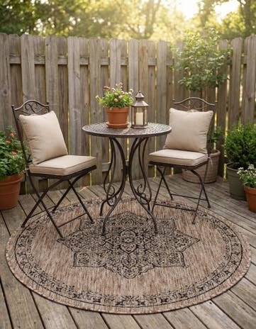 Beige Easy-Clean Traditional Indoor / Outdoor Round Rug