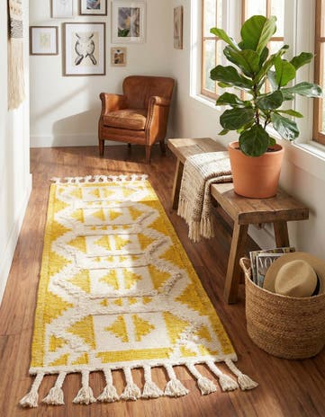 Yellow and White Hand Woven Arizona Wool Runner Rug
