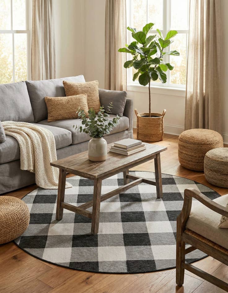 Detail image of  7' 10 x 7' 10  Washable Checkered Indoor / Outdoor Round Rug