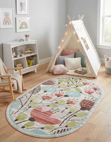 Ivory Flowers Whimsy Kids Oval Rug