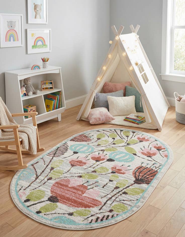 Detail image of 3' 3 x 5' 3 Flowers Whimsy Kids Oval Rug