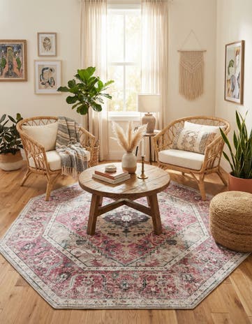 Light Coral Pink Washable Yara Octagon Rug
