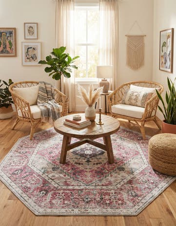 Light Coral Pink Washable Yara Octagon Rug