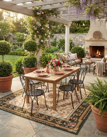 Green and Ivory Easy-Clean Traditional Indoor / Outdoor Square Rug