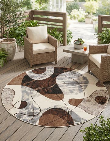 Brown and White Easy-Clean Modern Indoor / Outdoor Round Rug