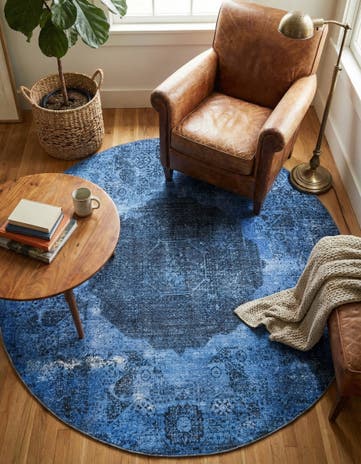 Overdyed Blue Washable Yara Round Rug