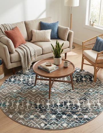 Multi Gray Blue Moroccan Trellis Round Rug
