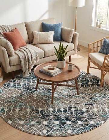 Multi Gray Blue Moroccan Trellis Round Rug