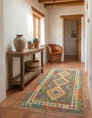 3' 1 x 6' 6 Hand Woven Kilim Maymana Wool Runner Rug
