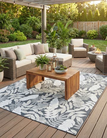 Black Easy-Clean Botanical Indoor / Outdoor Rug