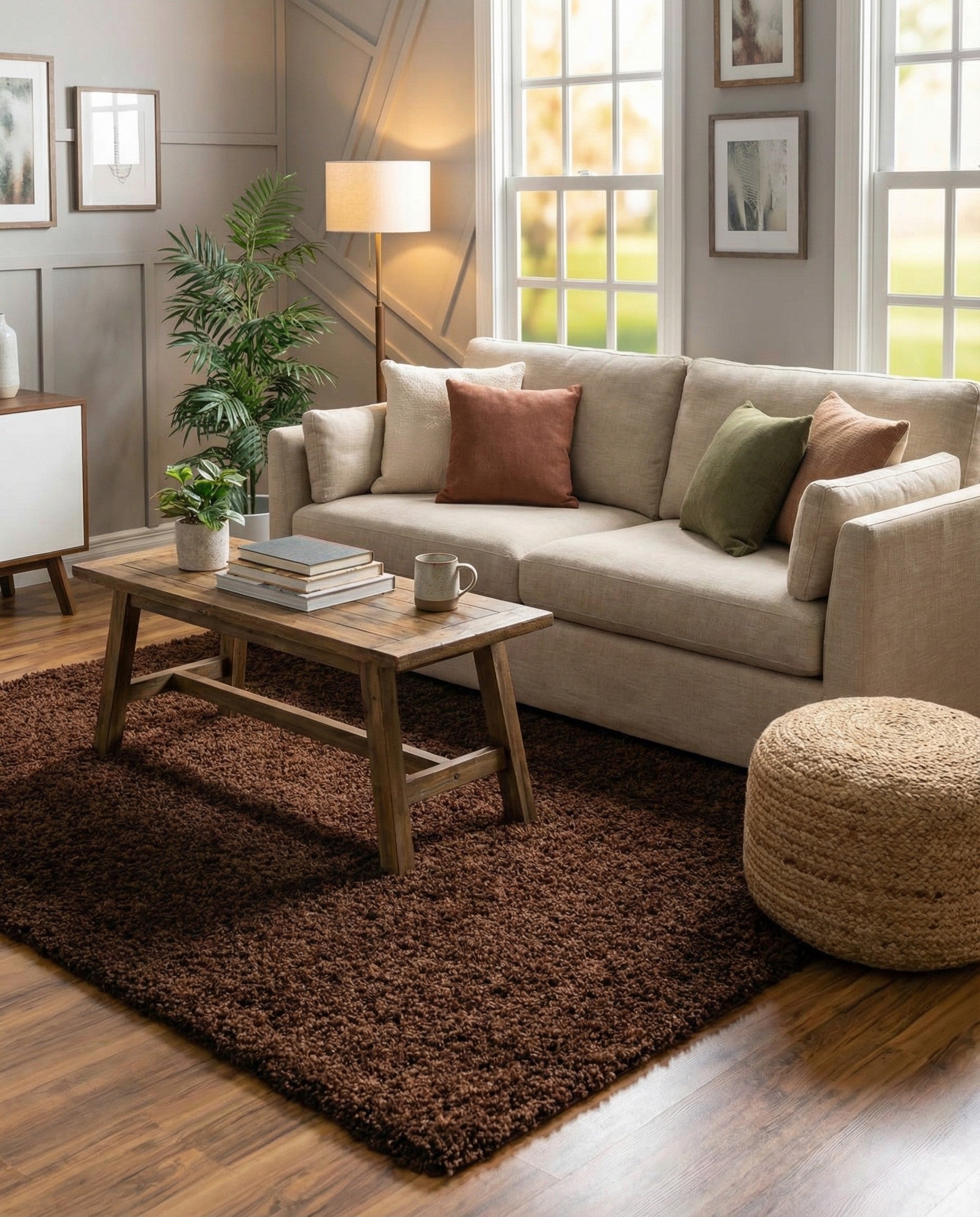 A 5x8 rectangular brown shag rug with a textured pile, perfect for a modern living room or bedroom.