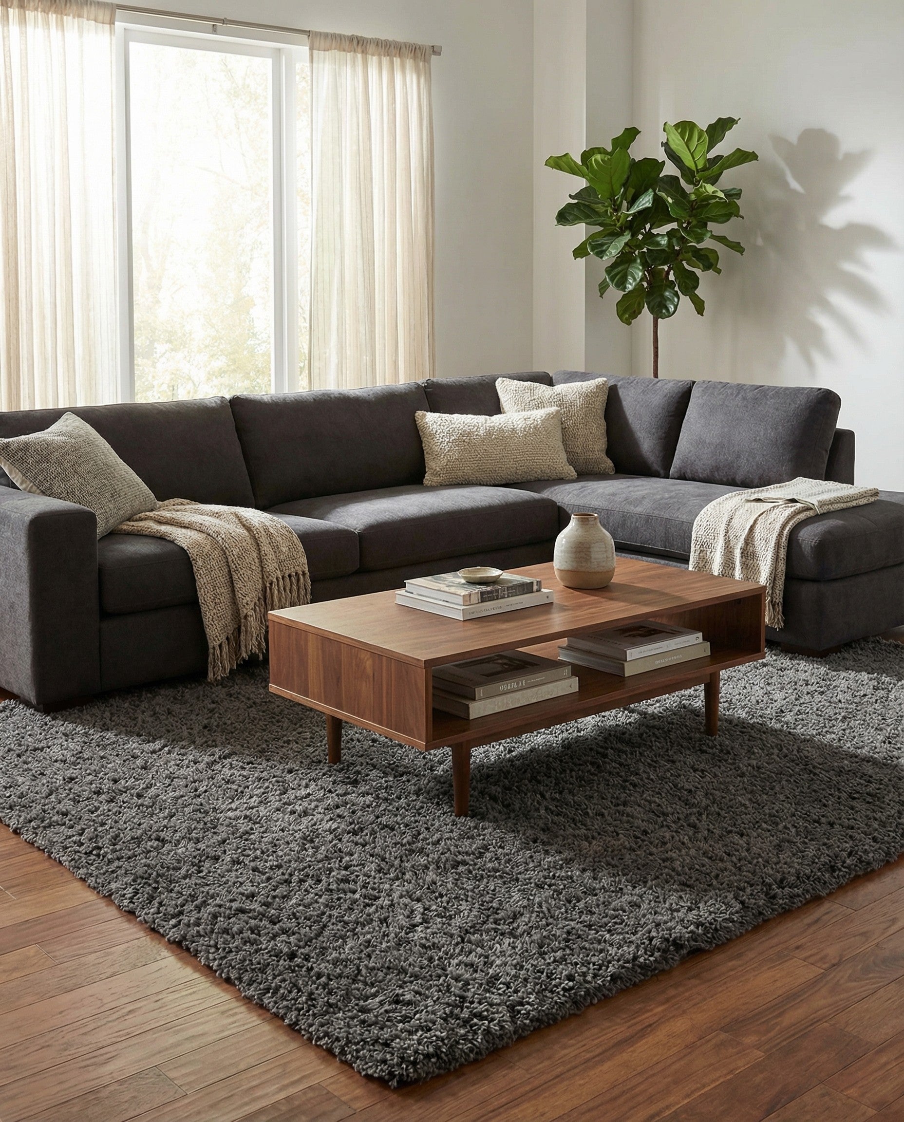 A soft, rectangular 9x12 gray shag area rug with a textured pile, perfect for a modern living room.